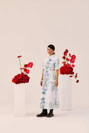 Blue Green Botanical Print Shirt Collar Midi Dress