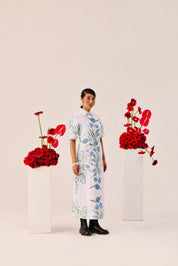 Blue Green Botanical Print Shirt Collar Midi Dress