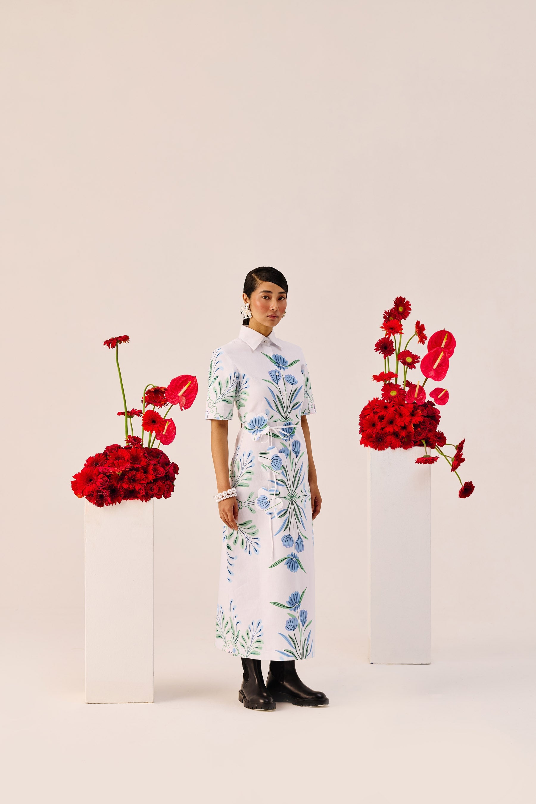 Blue Green Botanical Print Shirt Collar Midi Dress