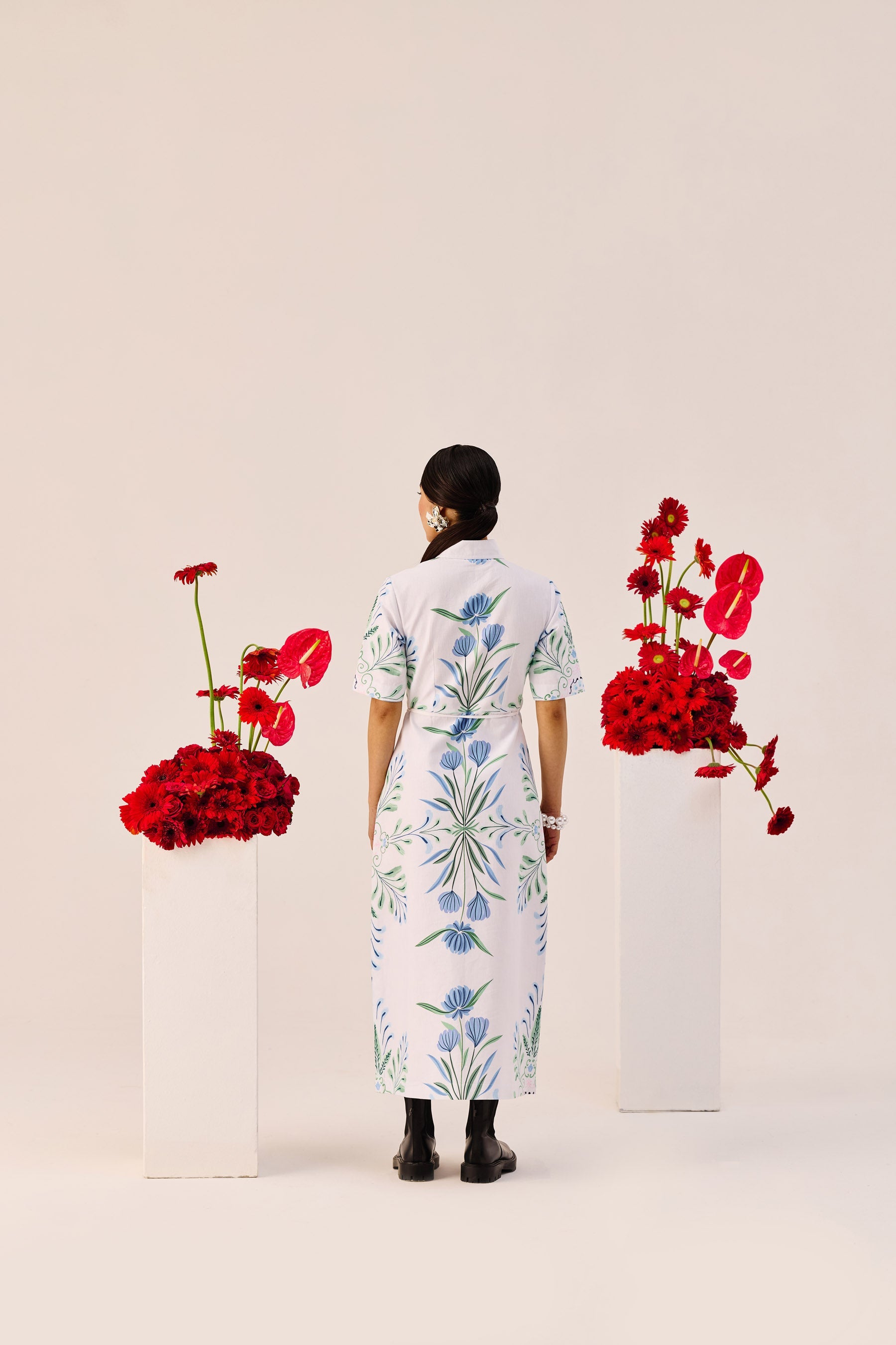 Blue Green Botanical Print Shirt Collar Midi Dress