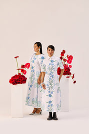 Blue Green Botanical Print Shirt Collar Midi Dress