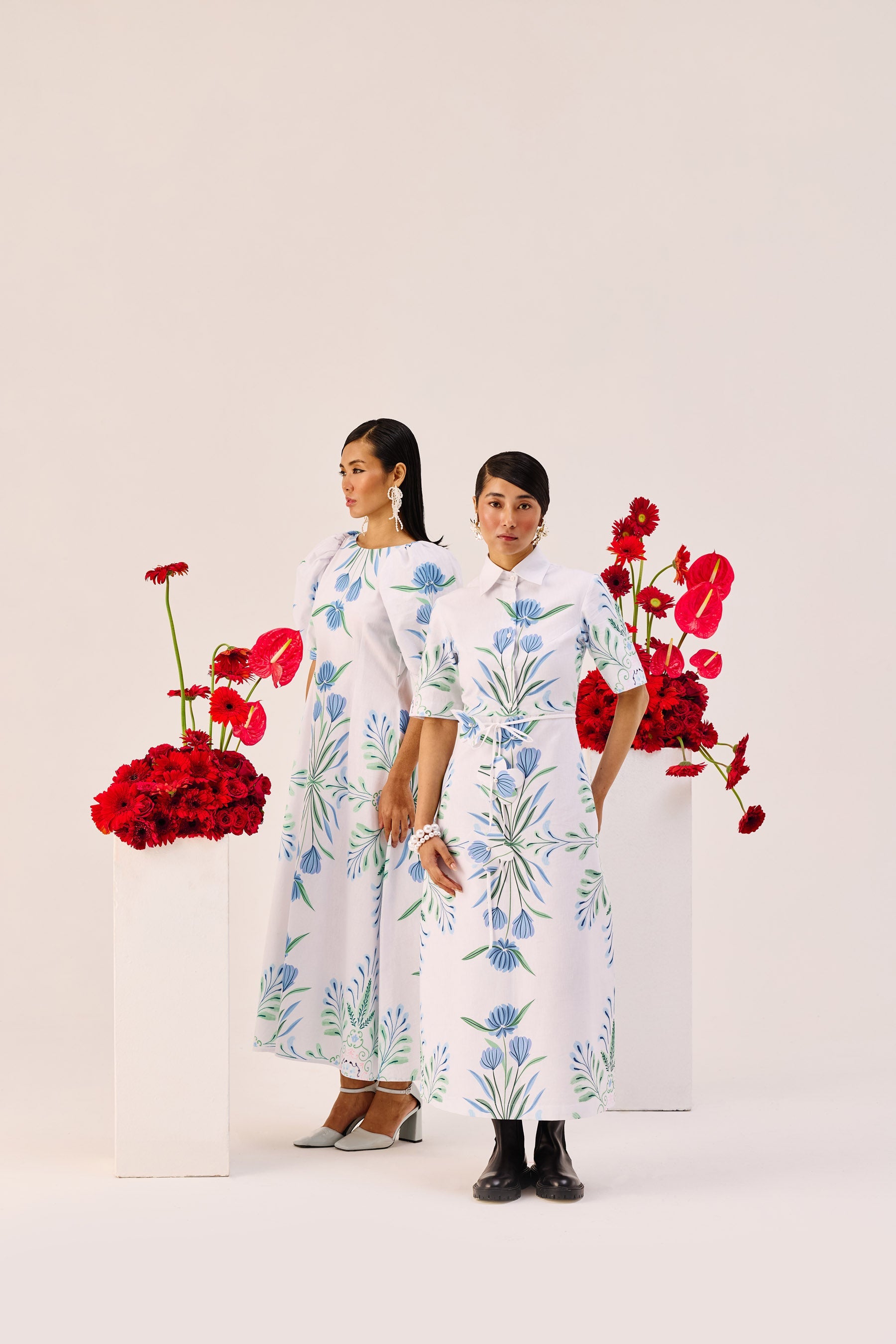 Blue Green Botanical Print Shirt Collar Midi Dress