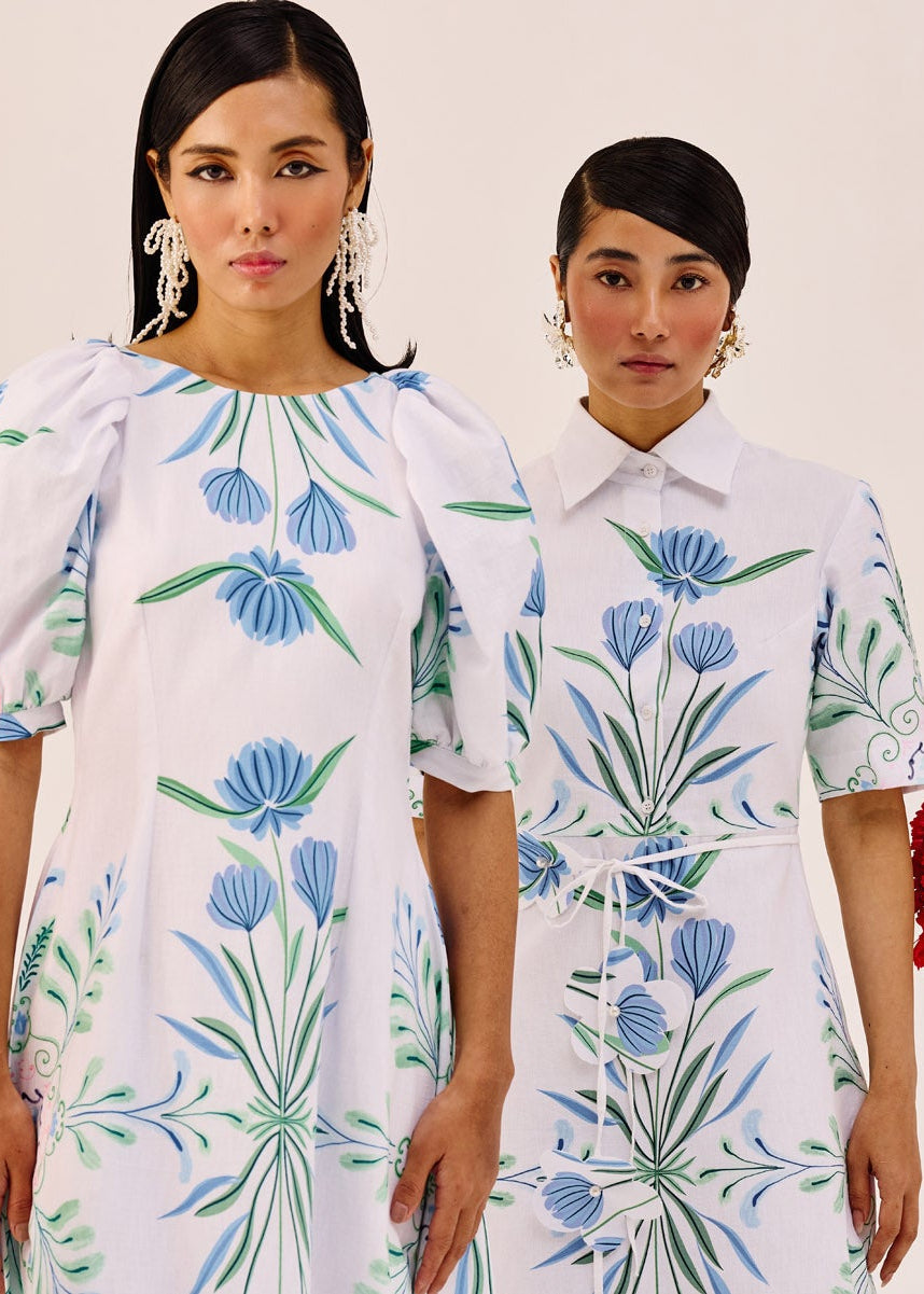 Blue Green Botanical Print Shirt Collar Midi Dress