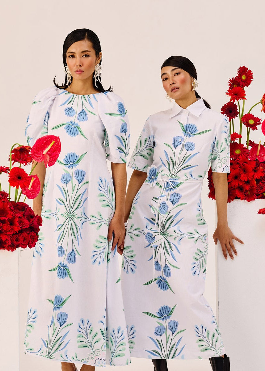 Blue Green Botanical Print Shirt Collar Midi Dress