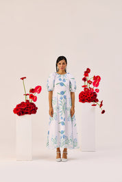 White Linen Floral Puff Sleeve Midi Dress