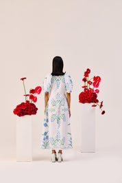 White Linen Floral Puff Sleeve Midi Dress