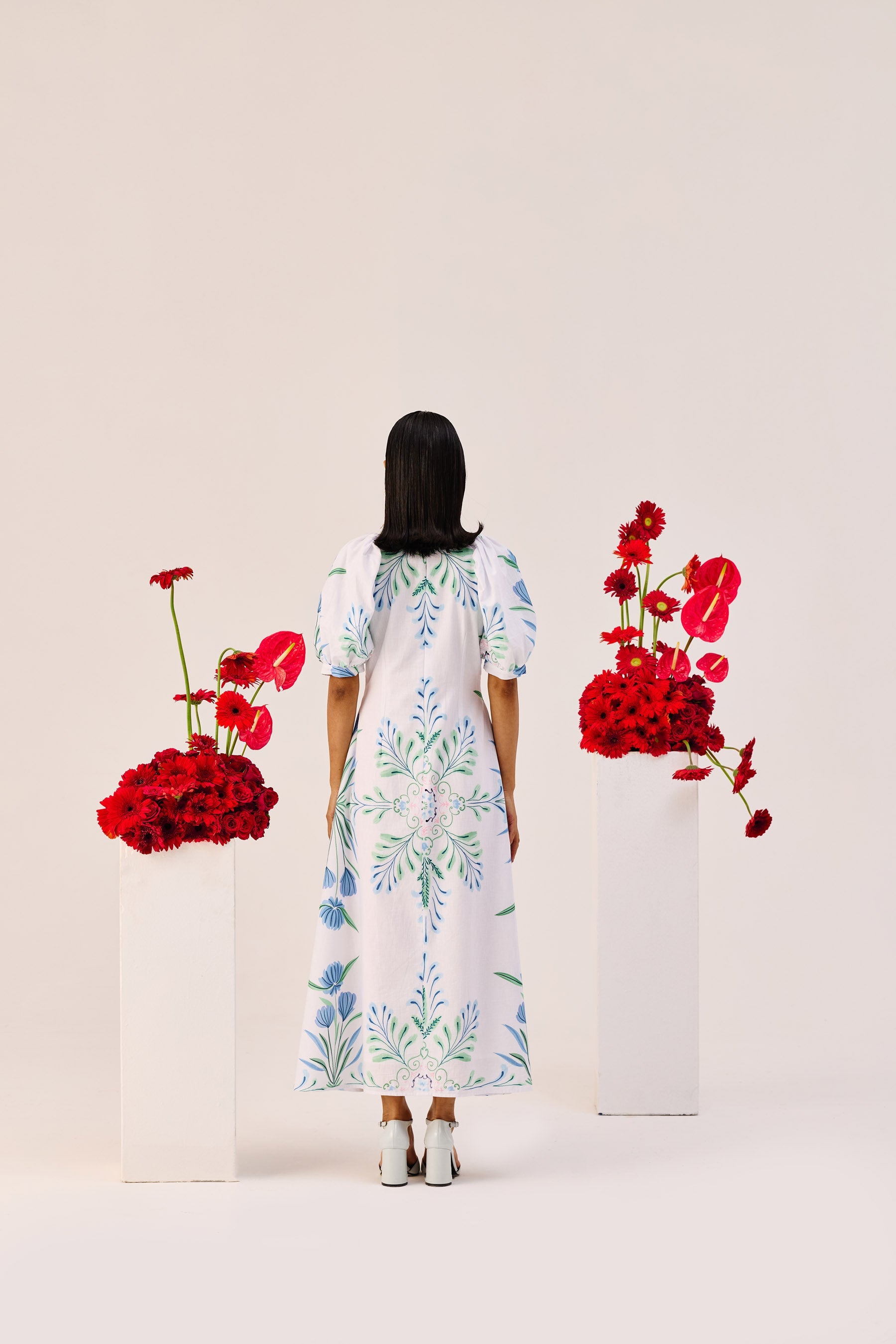 White Linen Floral Puff Sleeve Midi Dress