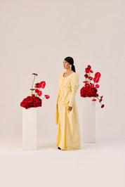Yellow Ruched Evening Gown With Puff Sleeves