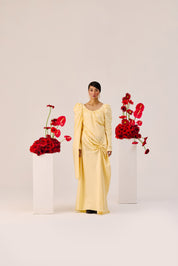 Yellow Ruched Evening Gown With Puff Sleeves