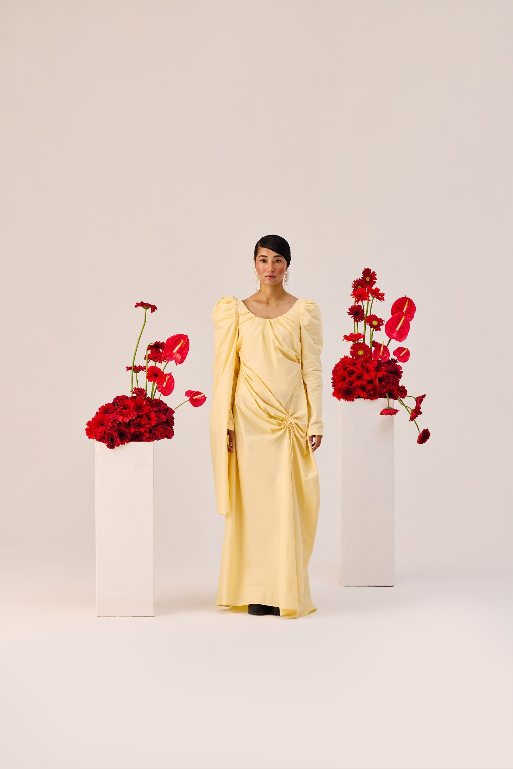 Yellow Ruched Evening Gown With Puff Sleeves
