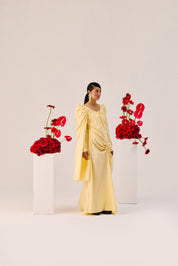 Yellow Ruched Evening Gown With Puff Sleeves