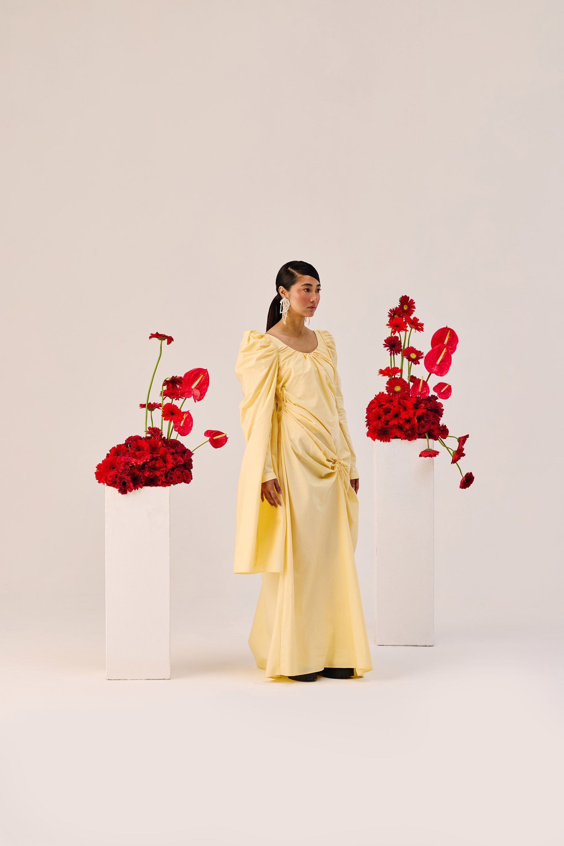 Yellow Ruched Evening Gown With Puff Sleeves