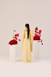 Yellow Ruched Evening Gown With Puff Sleeves