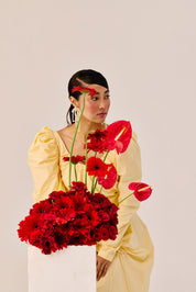 Yellow Ruched Evening Gown With Puff Sleeves