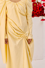 Yellow Ruched Evening Gown With Puff Sleeves