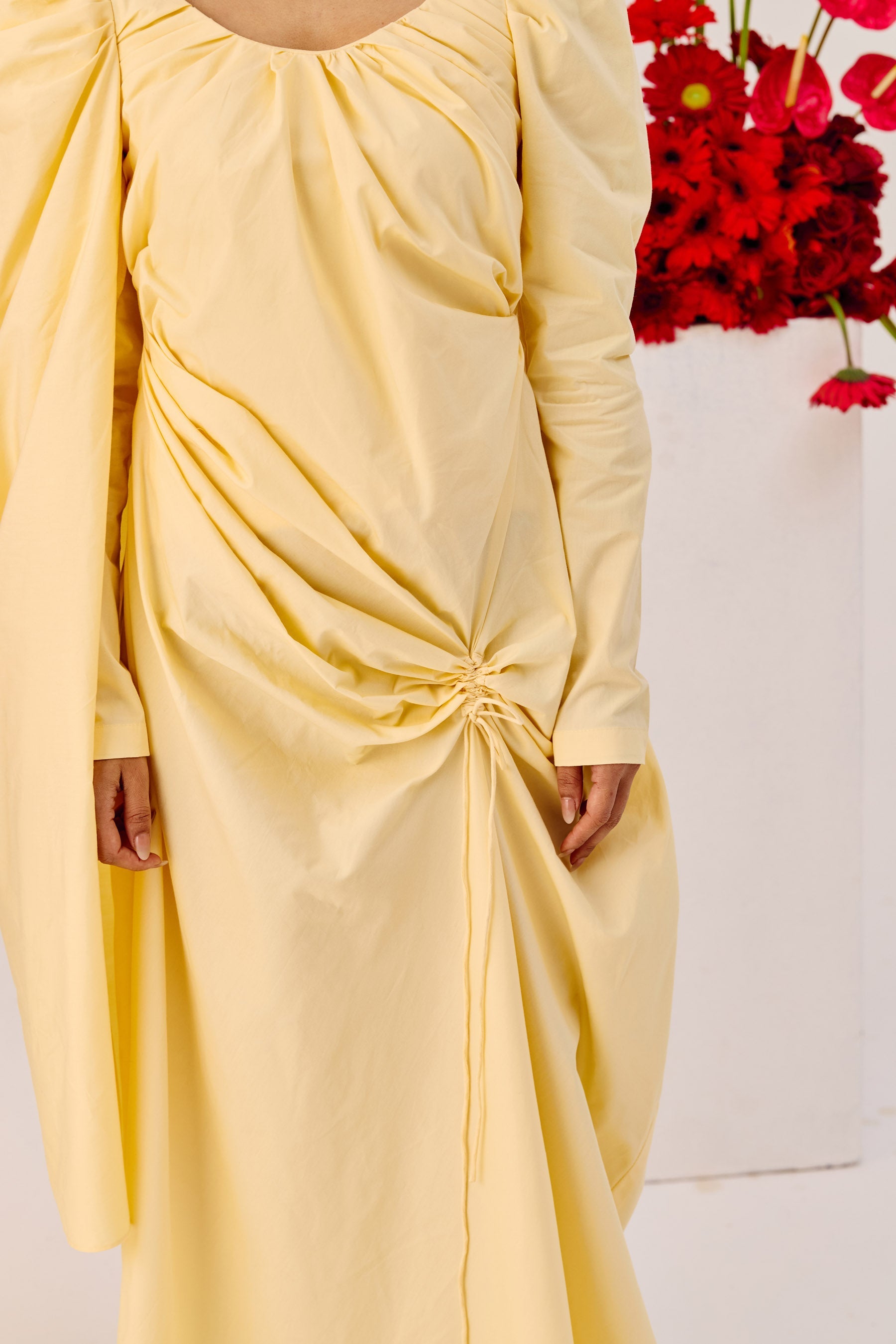 Yellow Ruched Evening Gown With Puff Sleeves