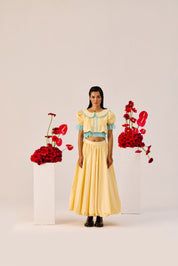 Yellow Puff Sleeve Cropped Top With Blue Contrast Trim