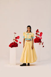 Yellow Puff Sleeve Cropped Top With Blue Contrast Trim