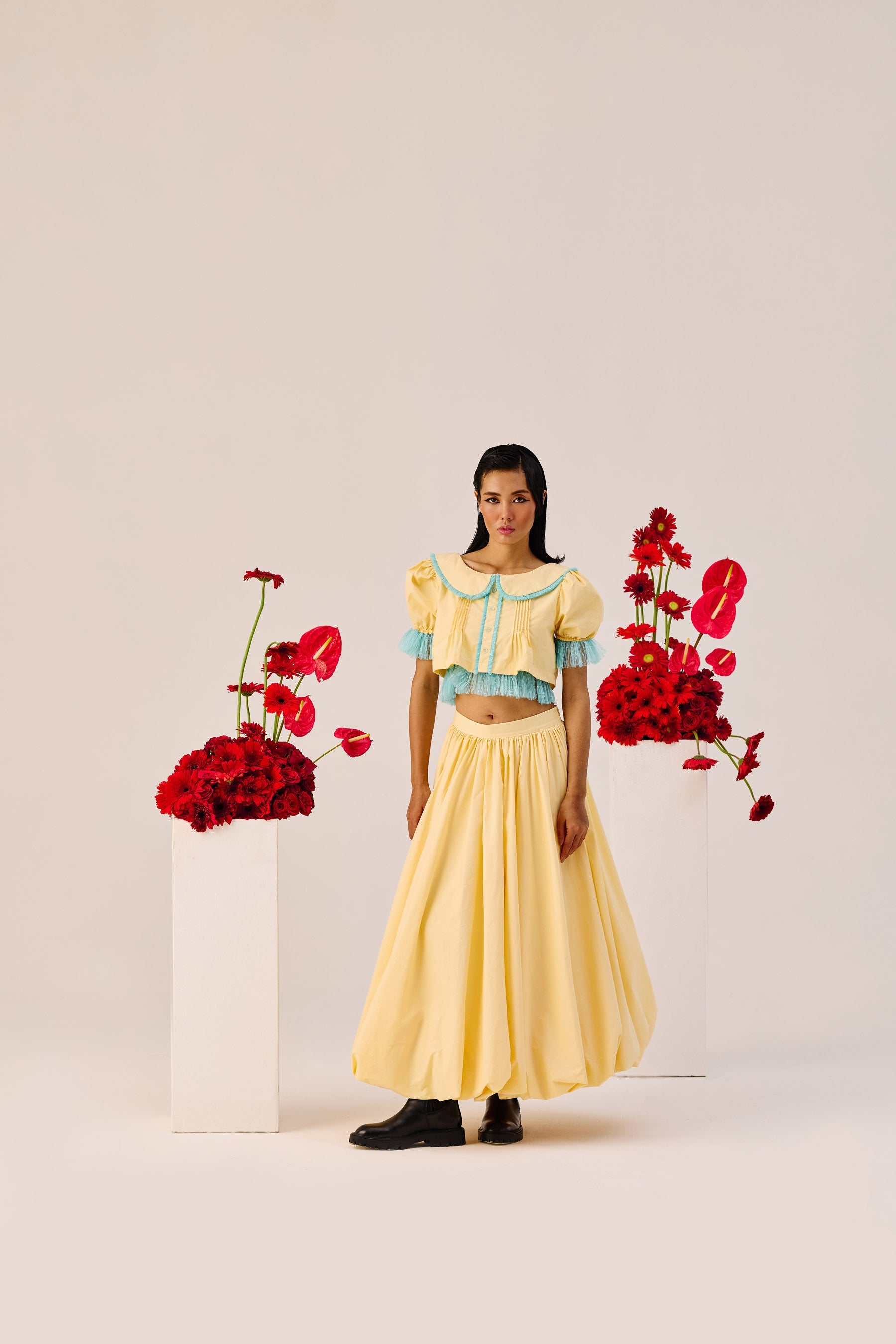 Yellow Puff Sleeve Cropped Top With Blue Contrast Trim