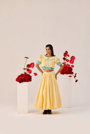 Yellow Puff Sleeve Cropped Top With Blue Contrast Trim