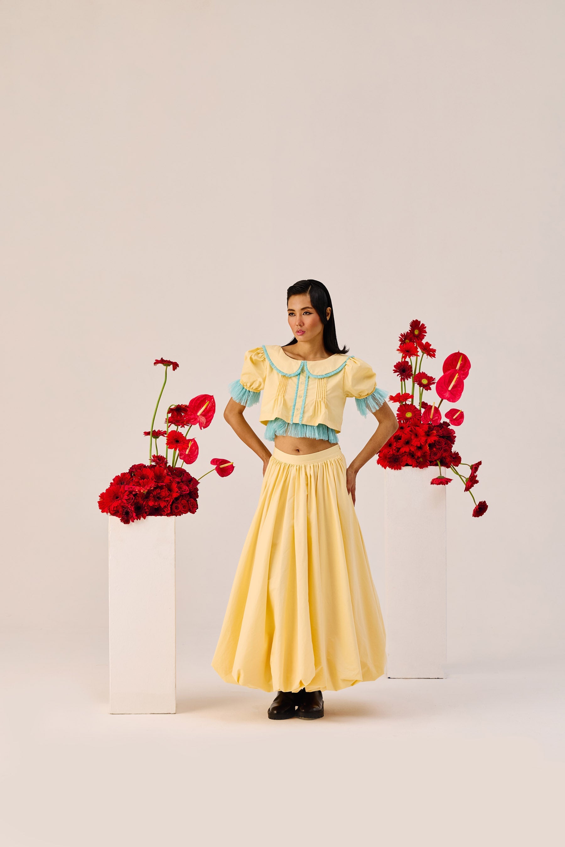 Yellow Puff Sleeve Cropped Top With Blue Contrast Trim