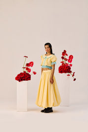 Yellow Puff Sleeve Cropped Top With Blue Contrast Trim