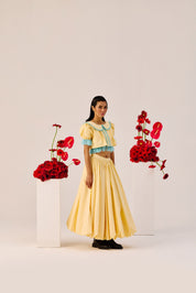 Yellow Puff Sleeve Cropped Top With Blue Contrast Trim