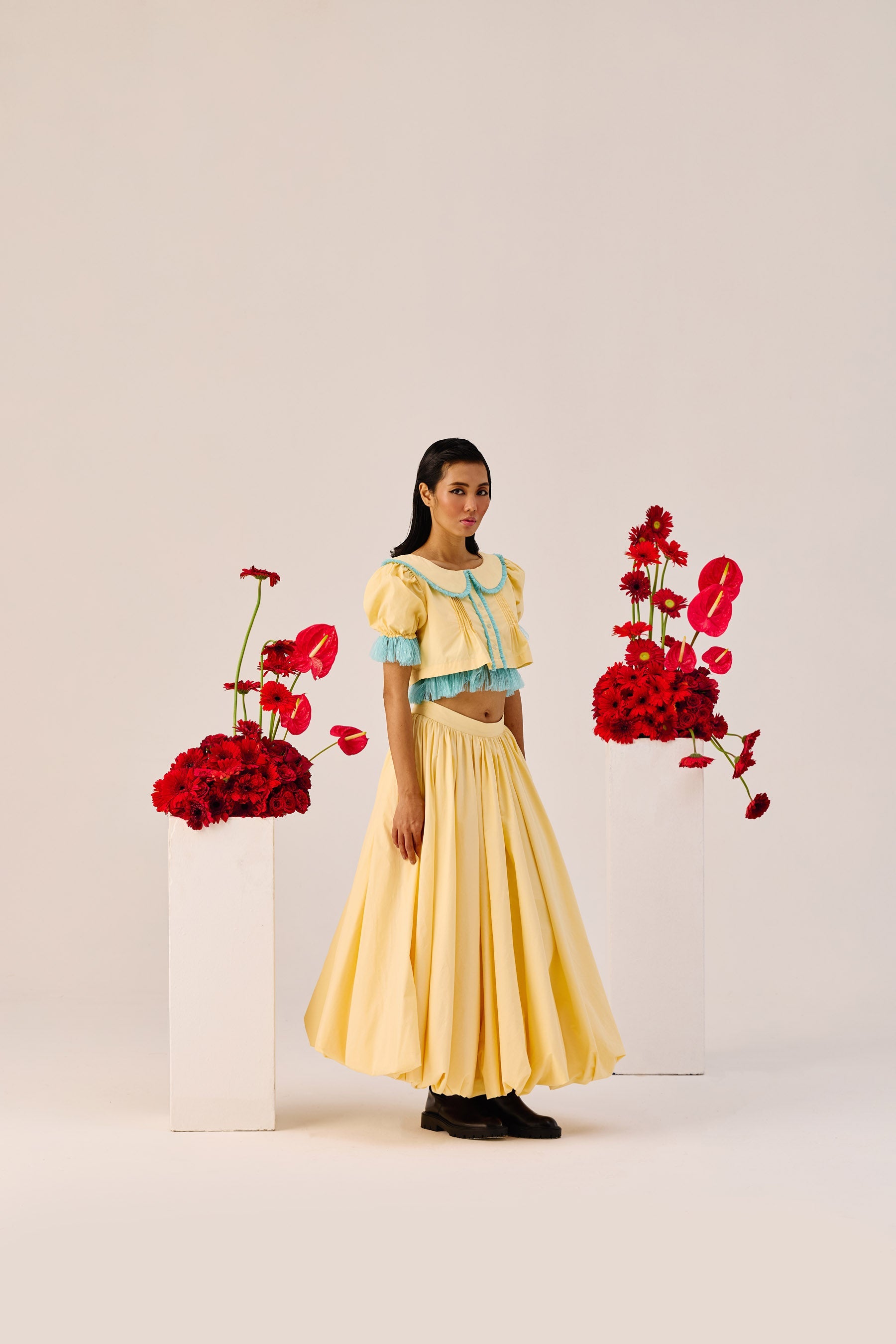 Yellow Puff Sleeve Cropped Top With Blue Contrast Trim