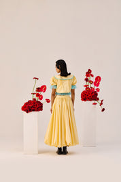 Yellow Puff Sleeve Cropped Top With Blue Contrast Trim