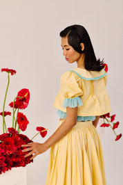 Yellow Puff Sleeve Cropped Top With Blue Contrast Trim
