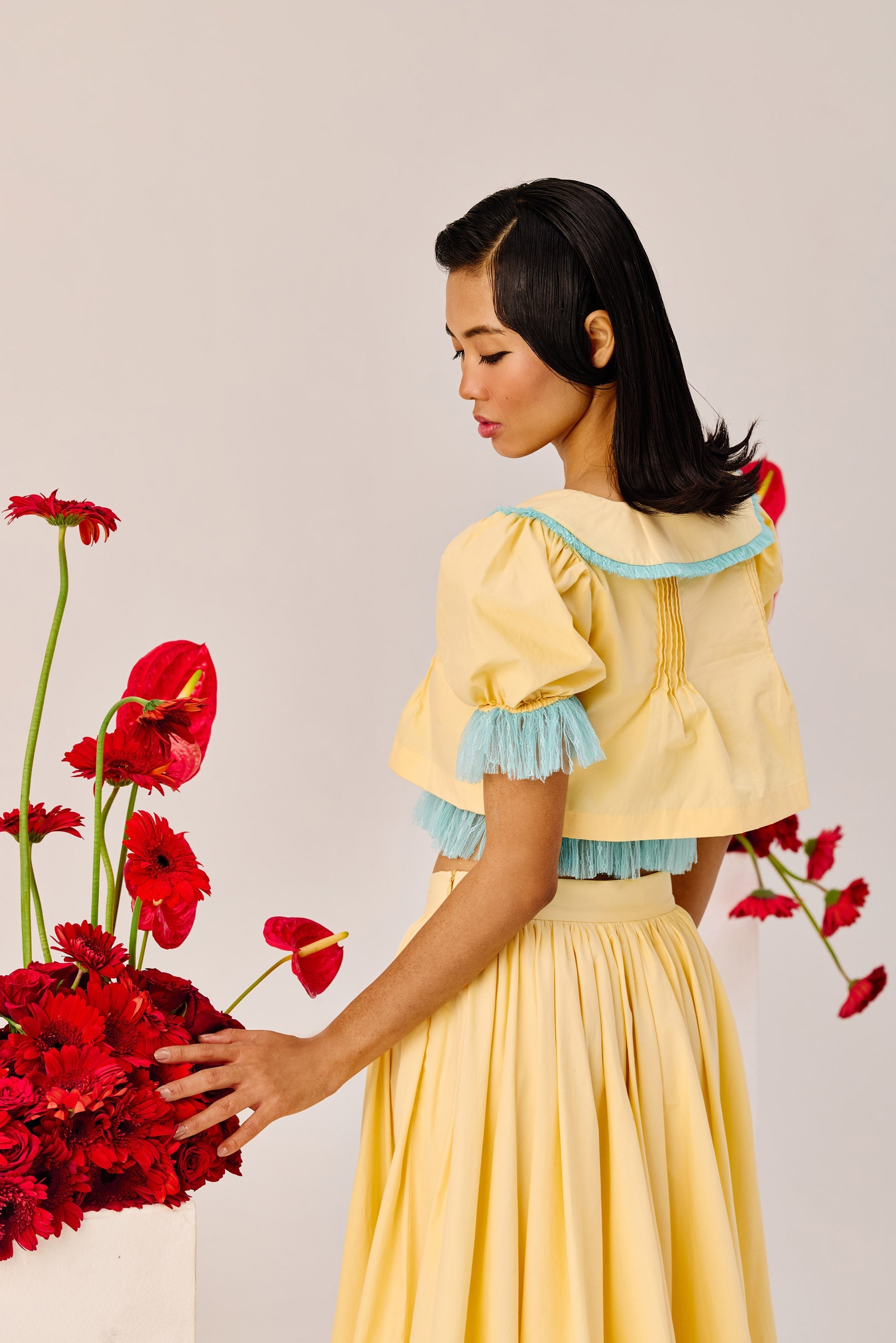 Yellow Puff Sleeve Cropped Top With Blue Contrast Trim