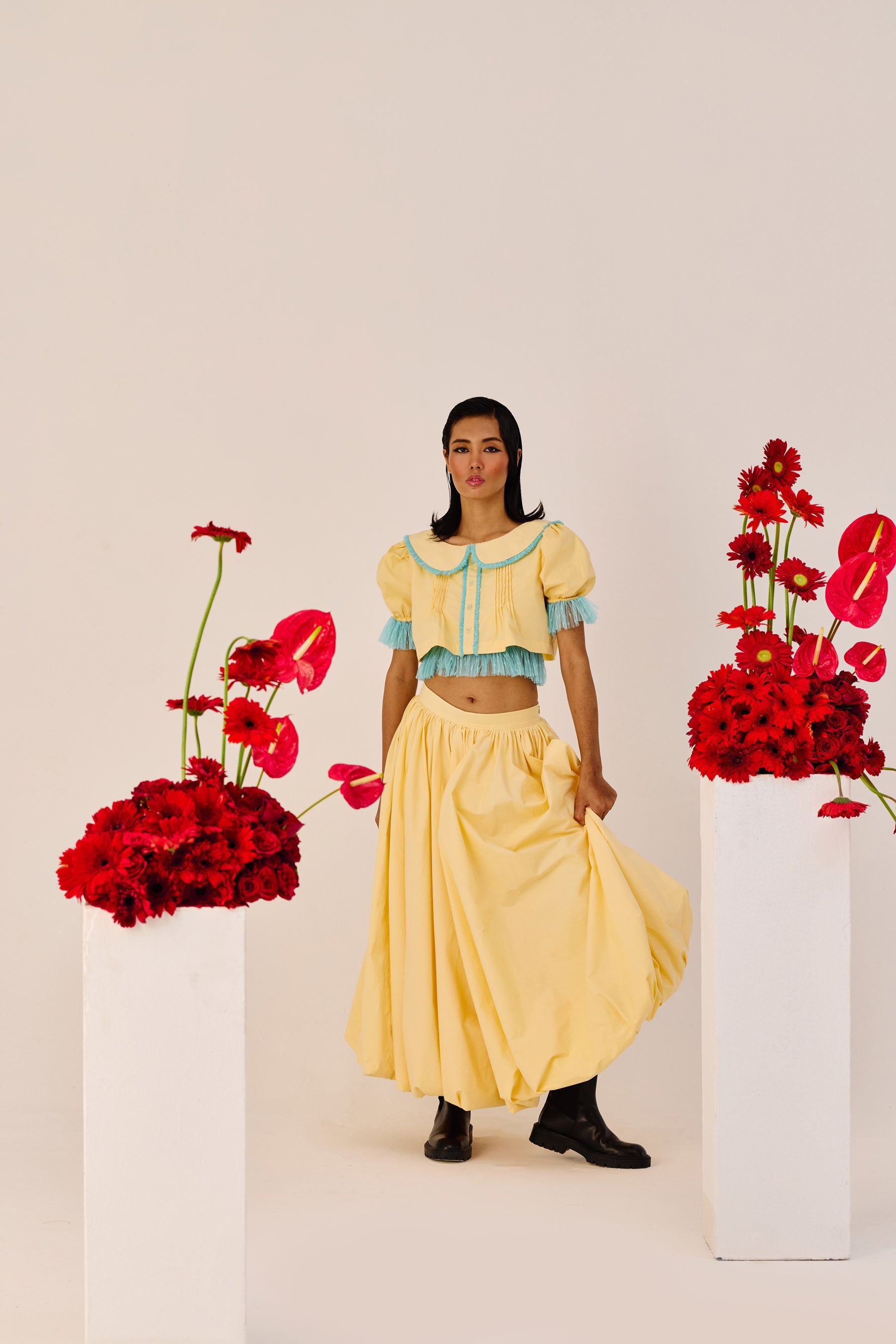 Yellow Puff Sleeve Cropped Top With Blue Contrast Trim