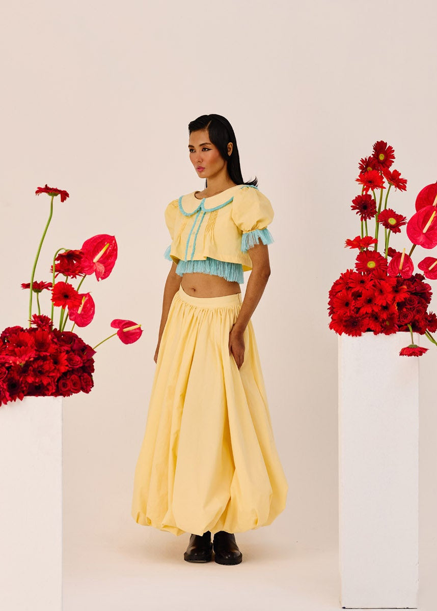 Yellow Puff Sleeve Cropped Top With Blue Contrast Trim