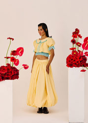 Yellow Puff Sleeve Cropped Top With Blue Contrast Trim