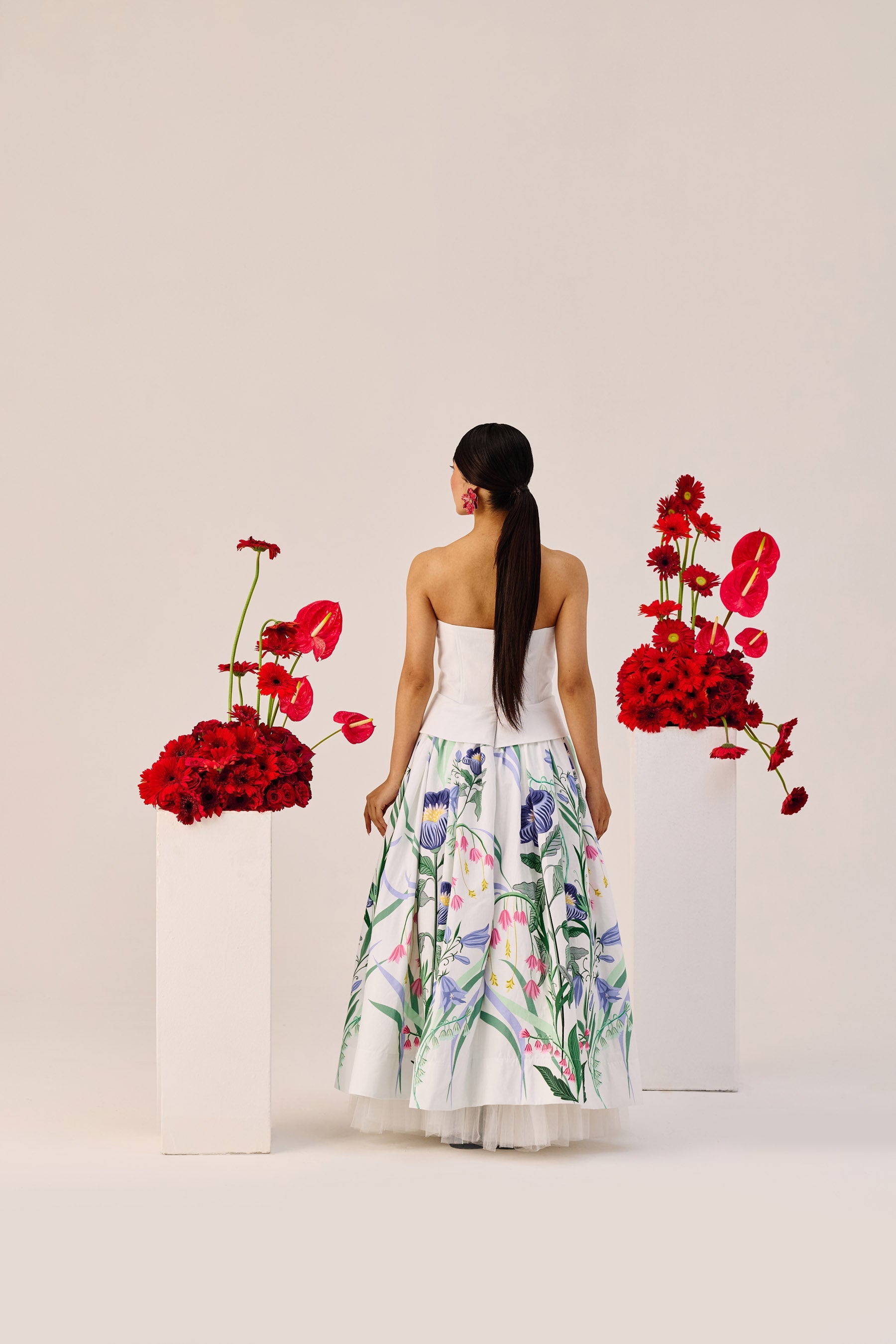 White Floral Strapless Maxi Dress