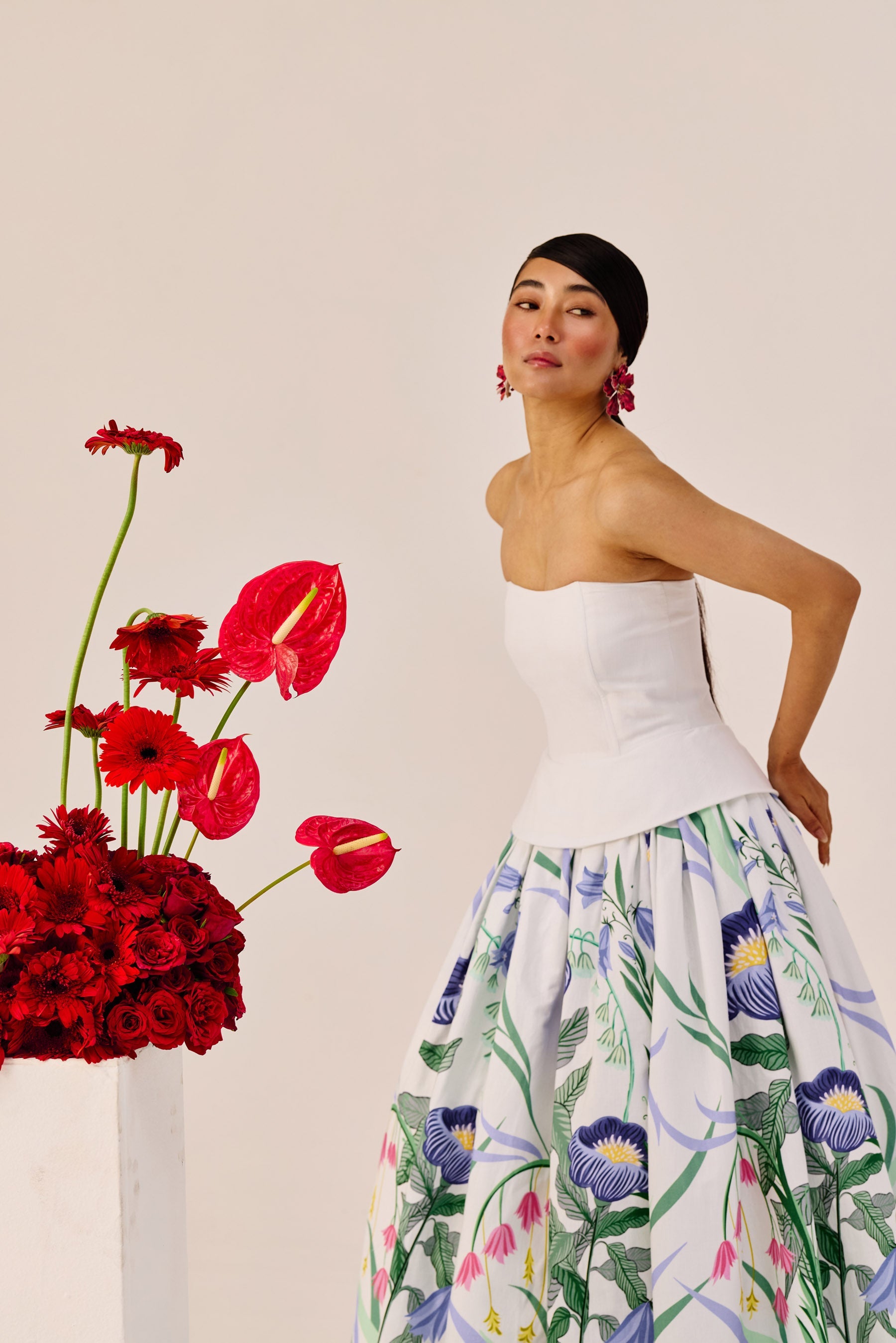 White Floral Strapless Maxi Dress