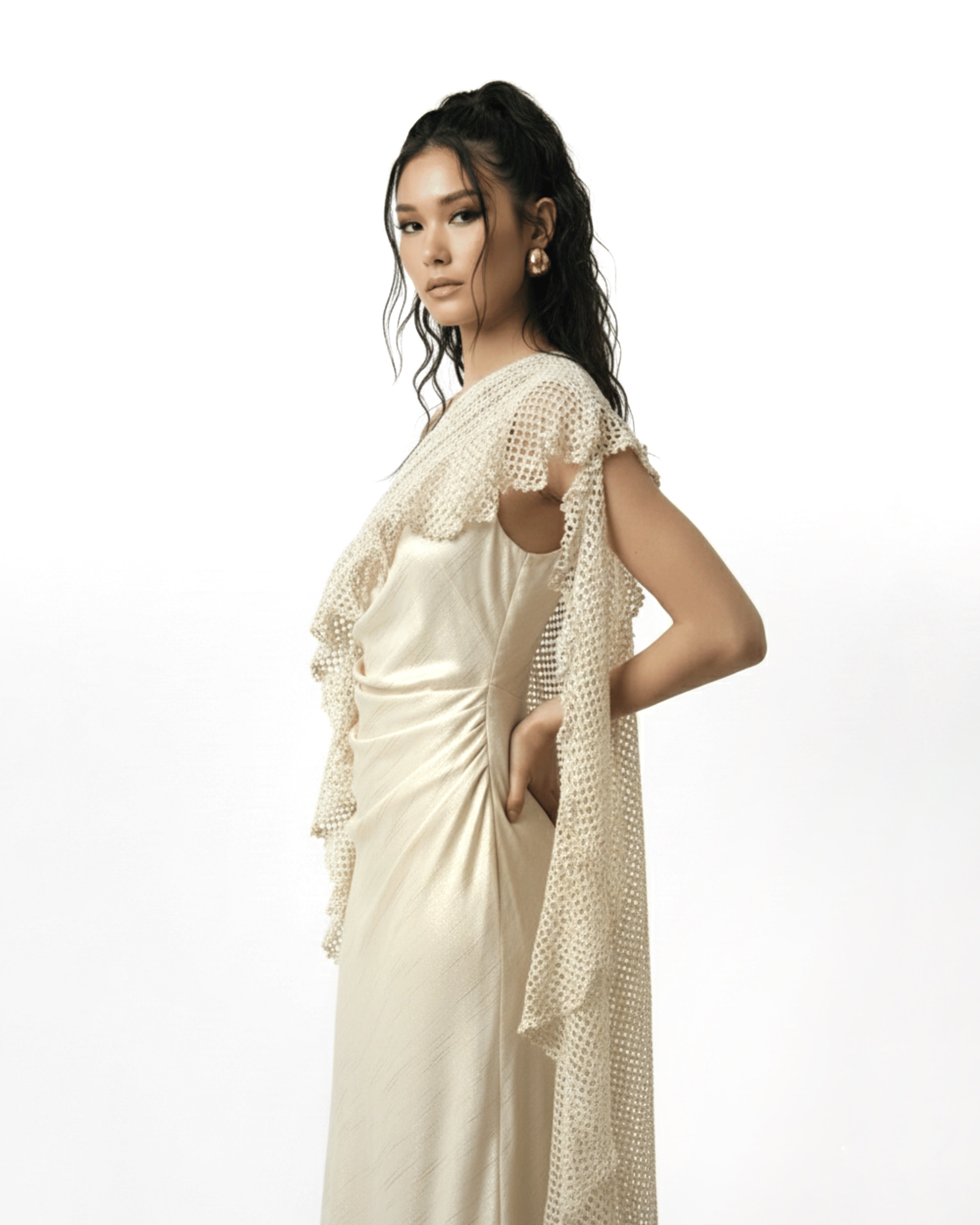 Astria Crochet One Shoulder Dress Cream