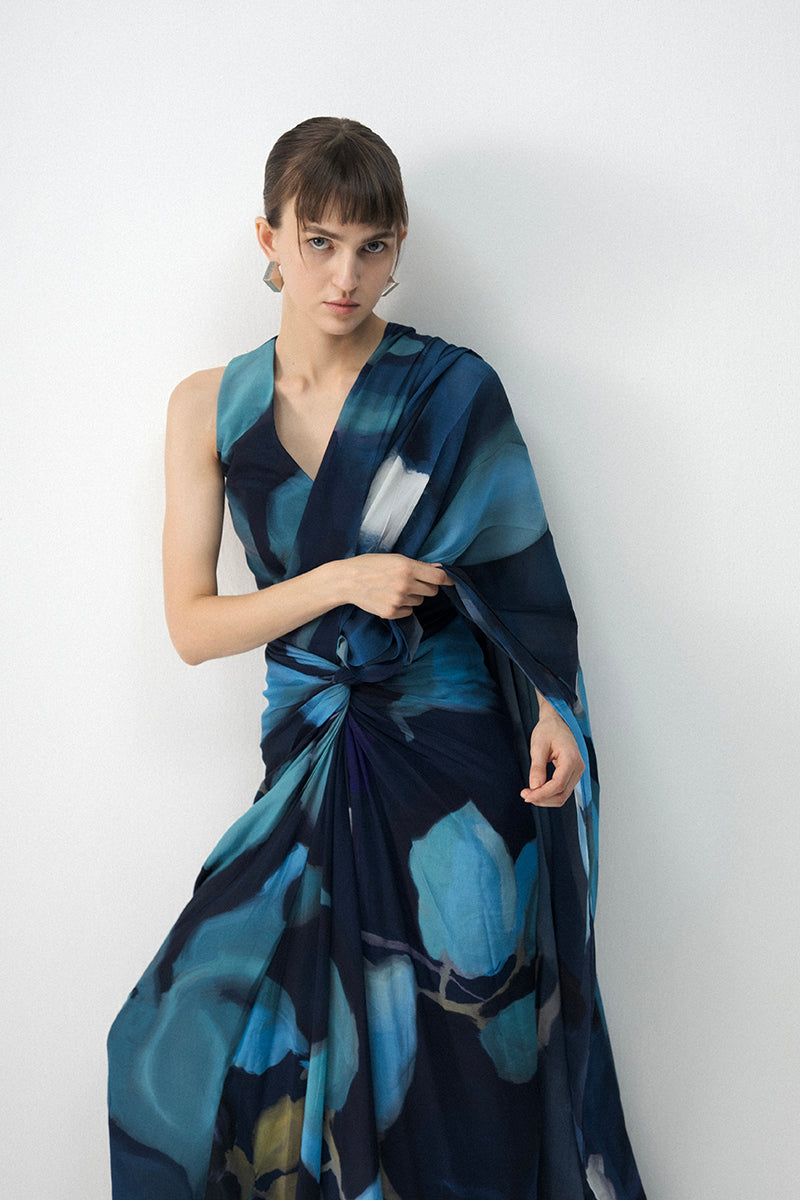 Blue Lagoon Top & Pre-Draped Saree Set