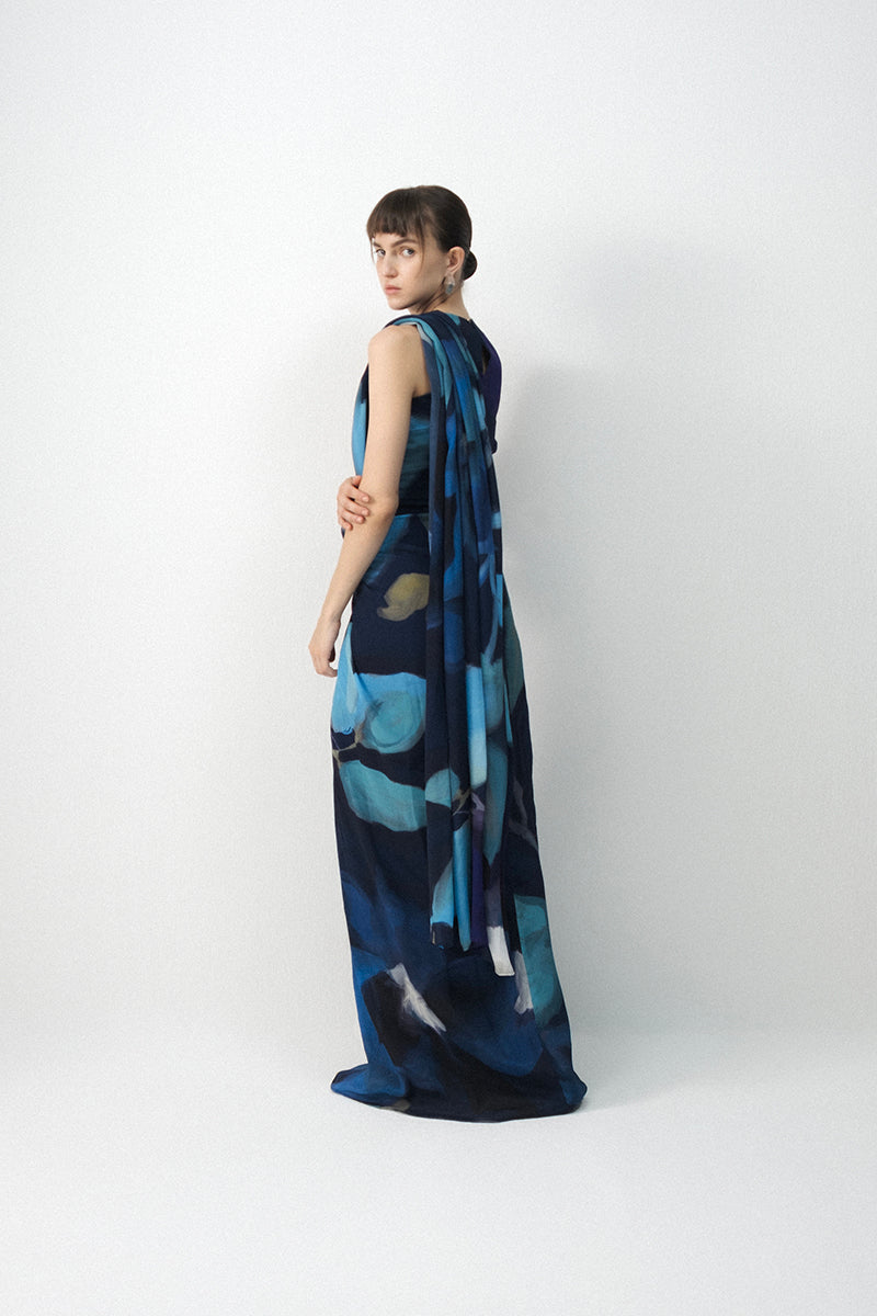 Blue Lagoon Top & Pre-Draped Saree Set