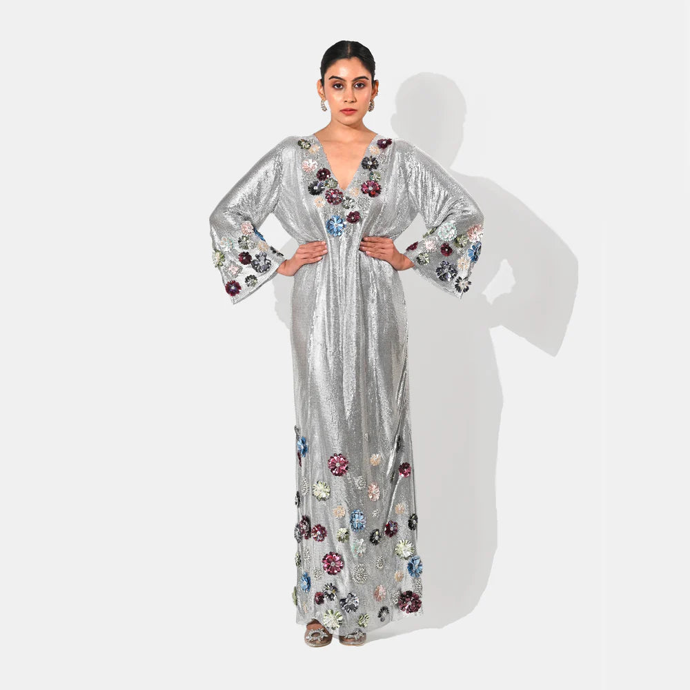 Zahra Floral Chainmail Metallic Silver Kaftan