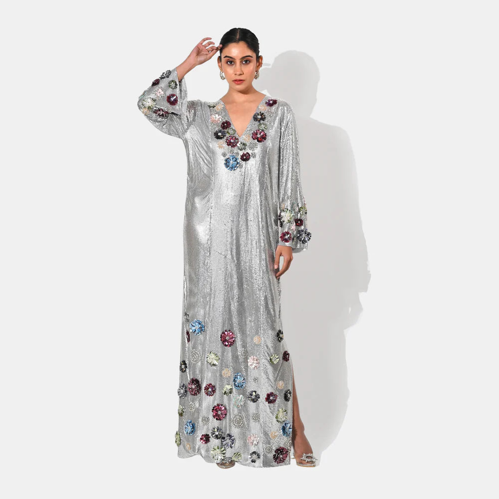 Zahra Floral Chainmail Metallic Silver Kaftan