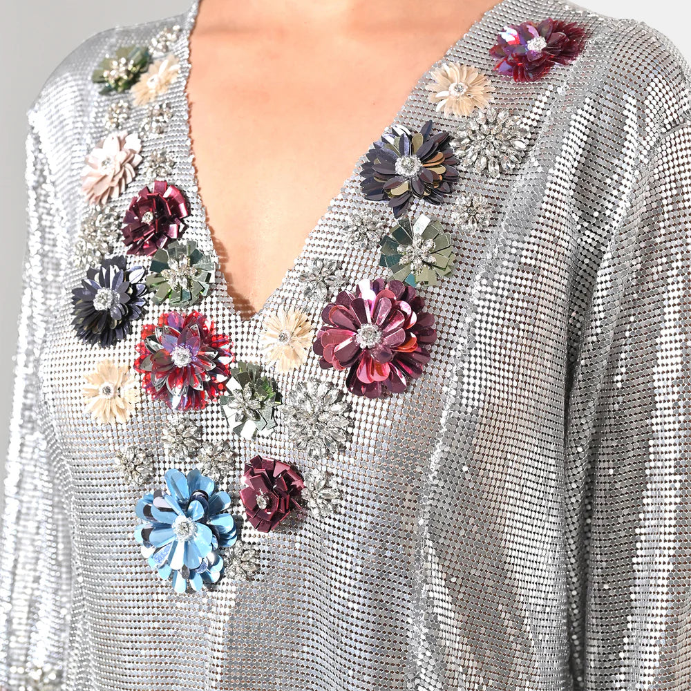 Zahra Floral Chainmail Metallic Silver Kaftan