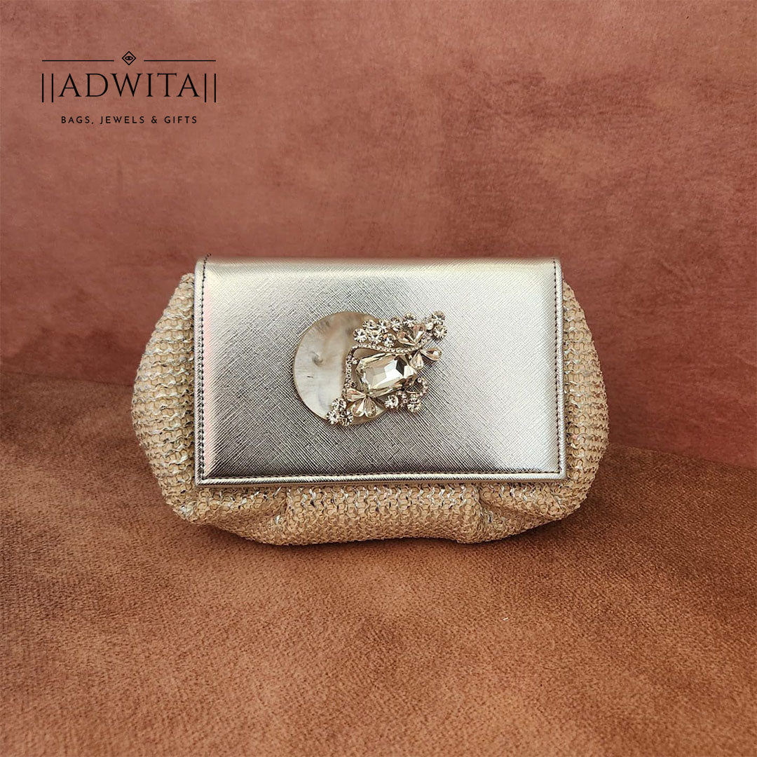 Batua Bag In White & Silver With Crystal Broach