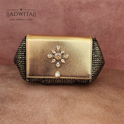 Batua Bag In Black & Gold With Crystal Hanging Broach