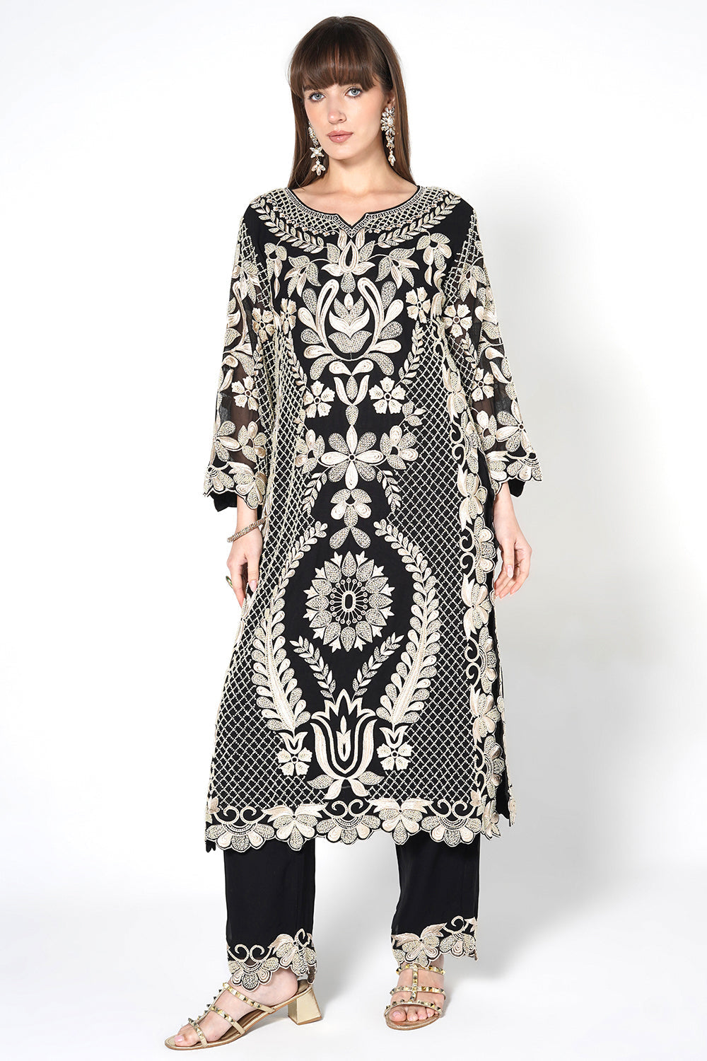 Black Heavily Embroidered Kurta Set