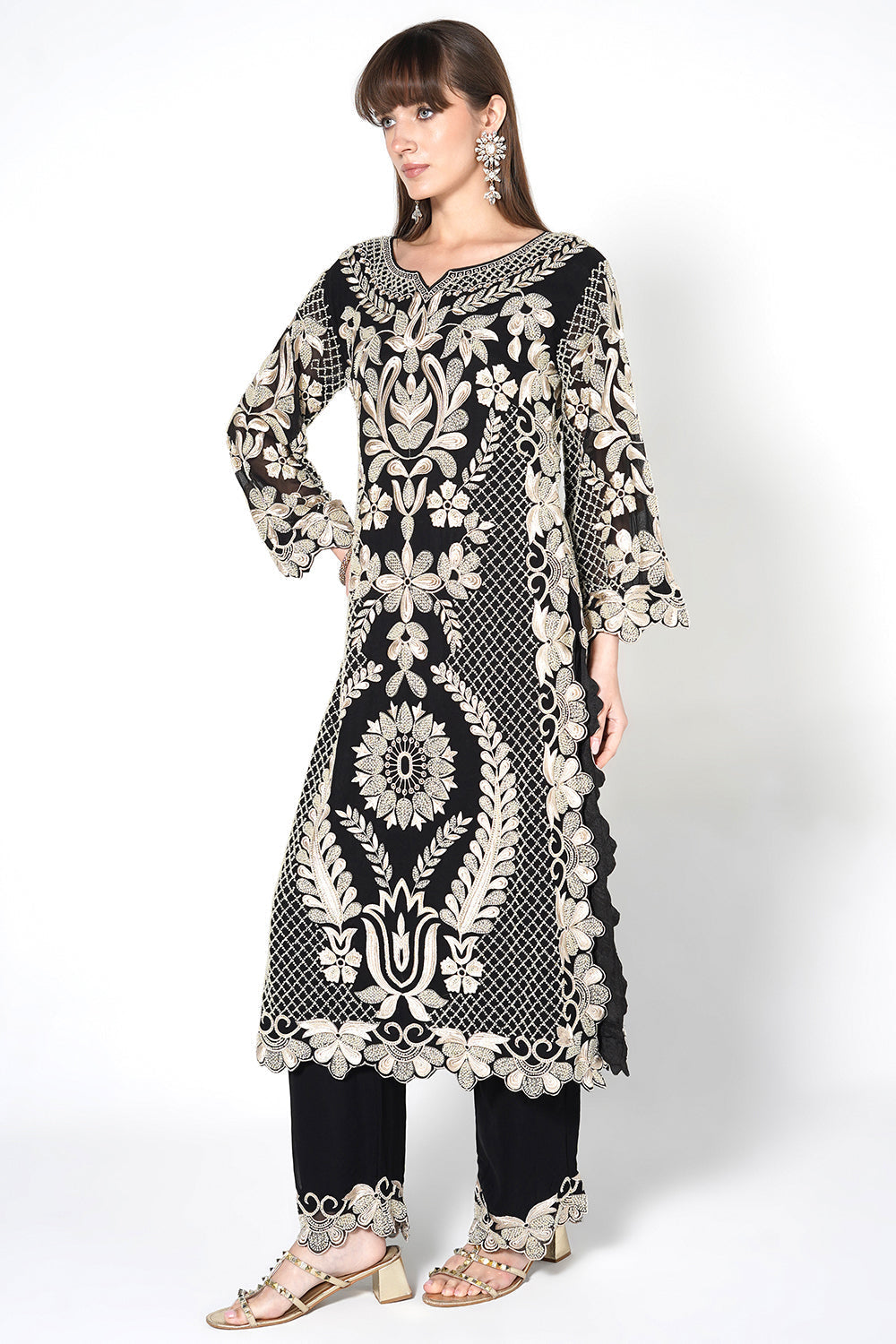 Black Heavily Embroidered Kurta Set