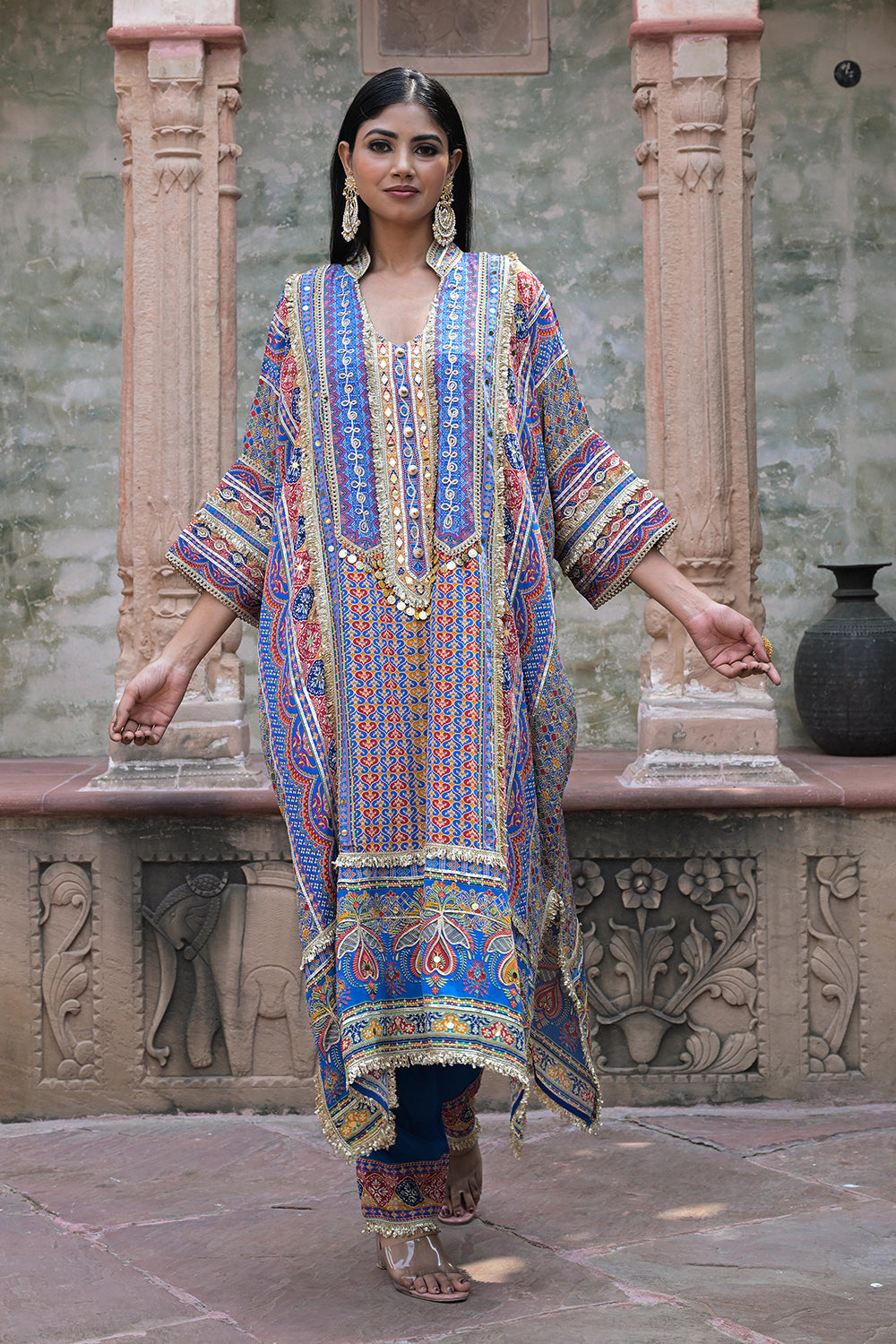 Blue Crepe Kaftan Pant Set