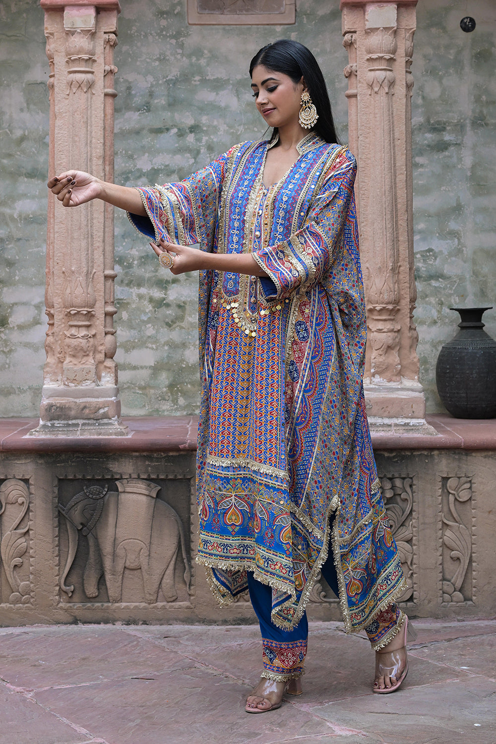 Blue Crepe Kaftan Pant Set