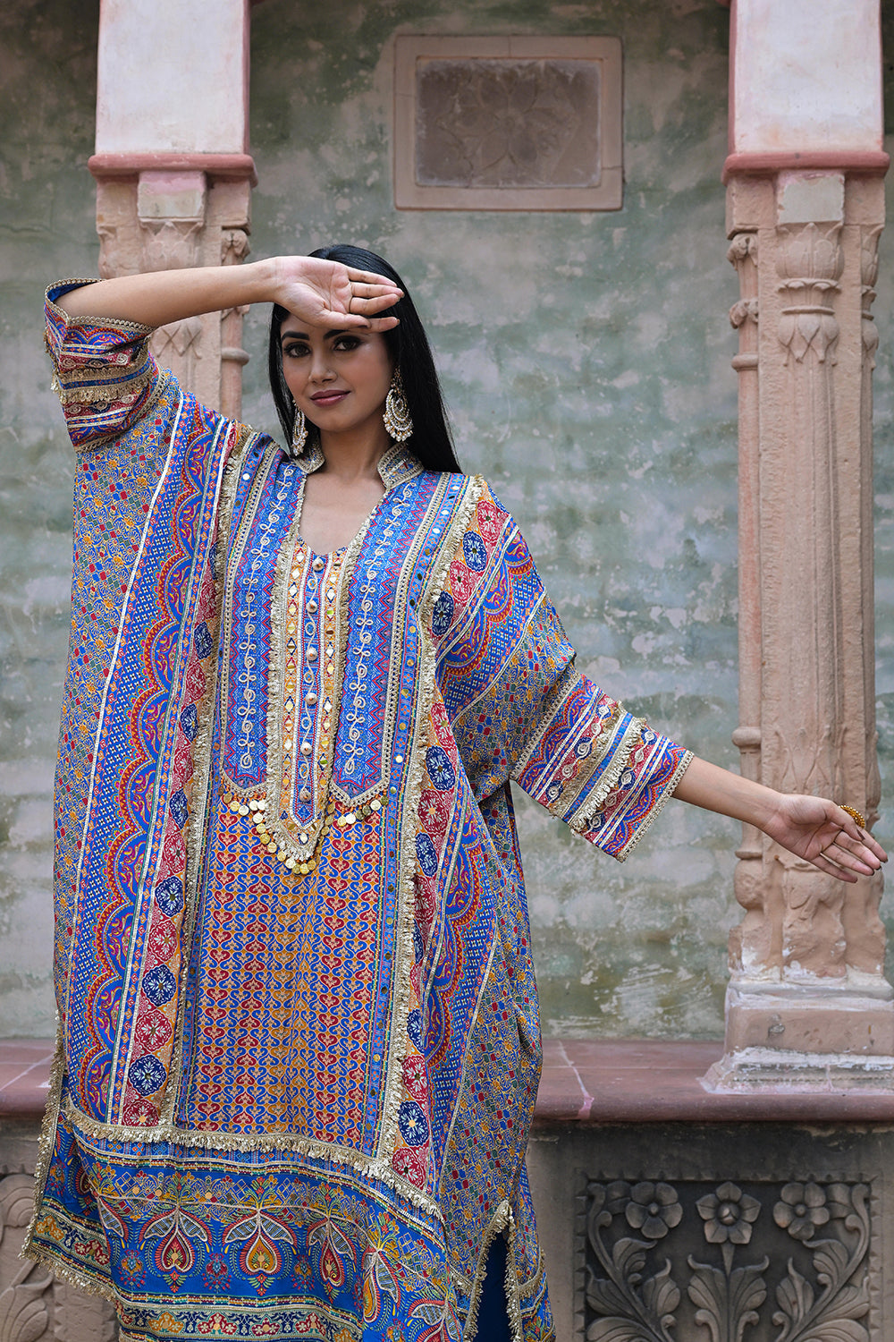 Blue Crepe Kaftan Pant Set
