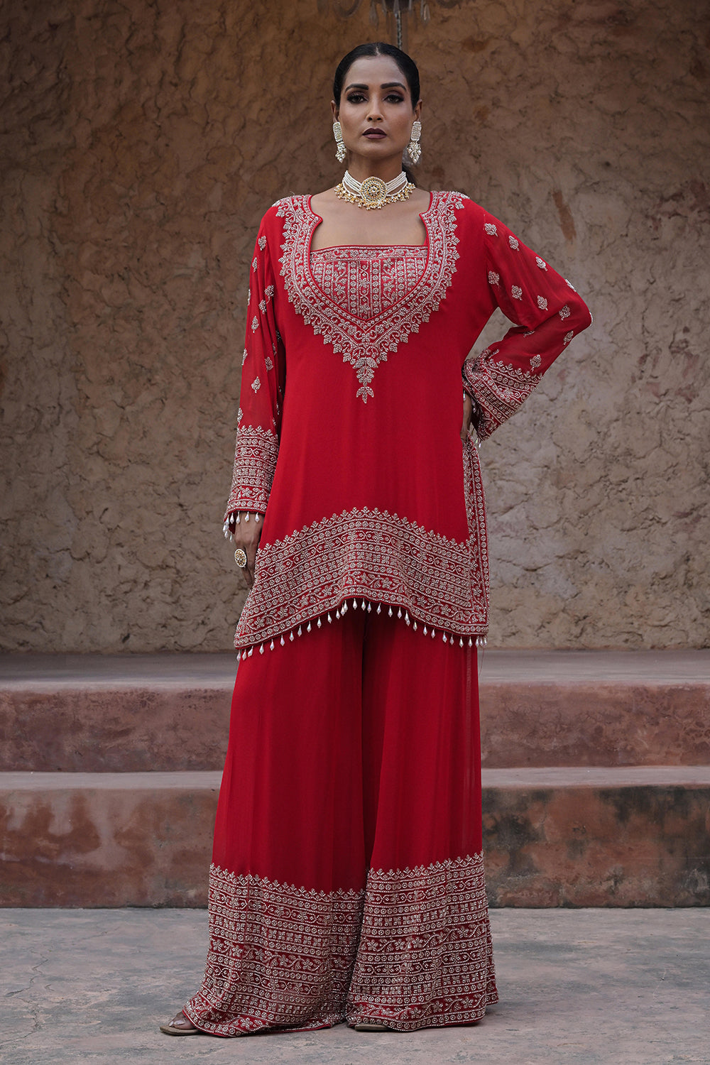 Classic Red Kurta Palazzo Set